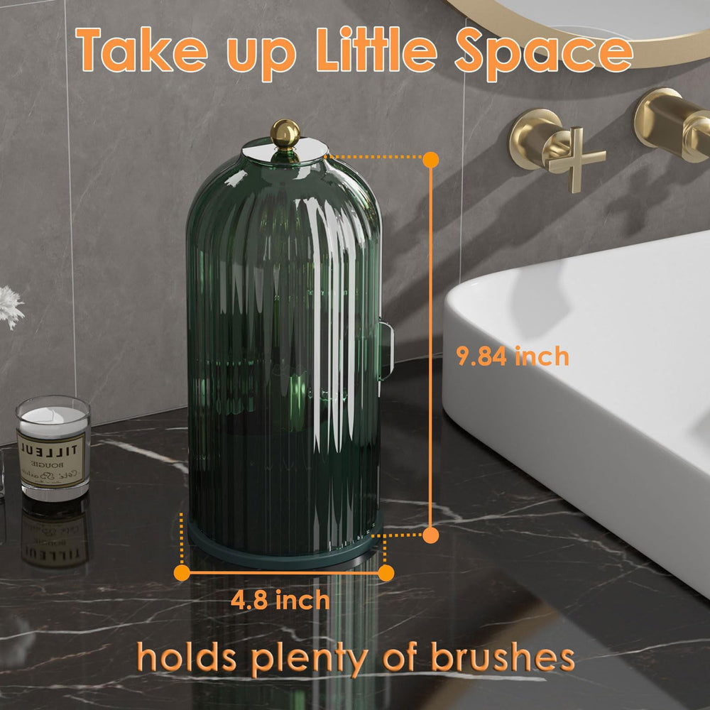 YOOLENS closed dustproof brush holder keeps brushes clean on green vanity.
