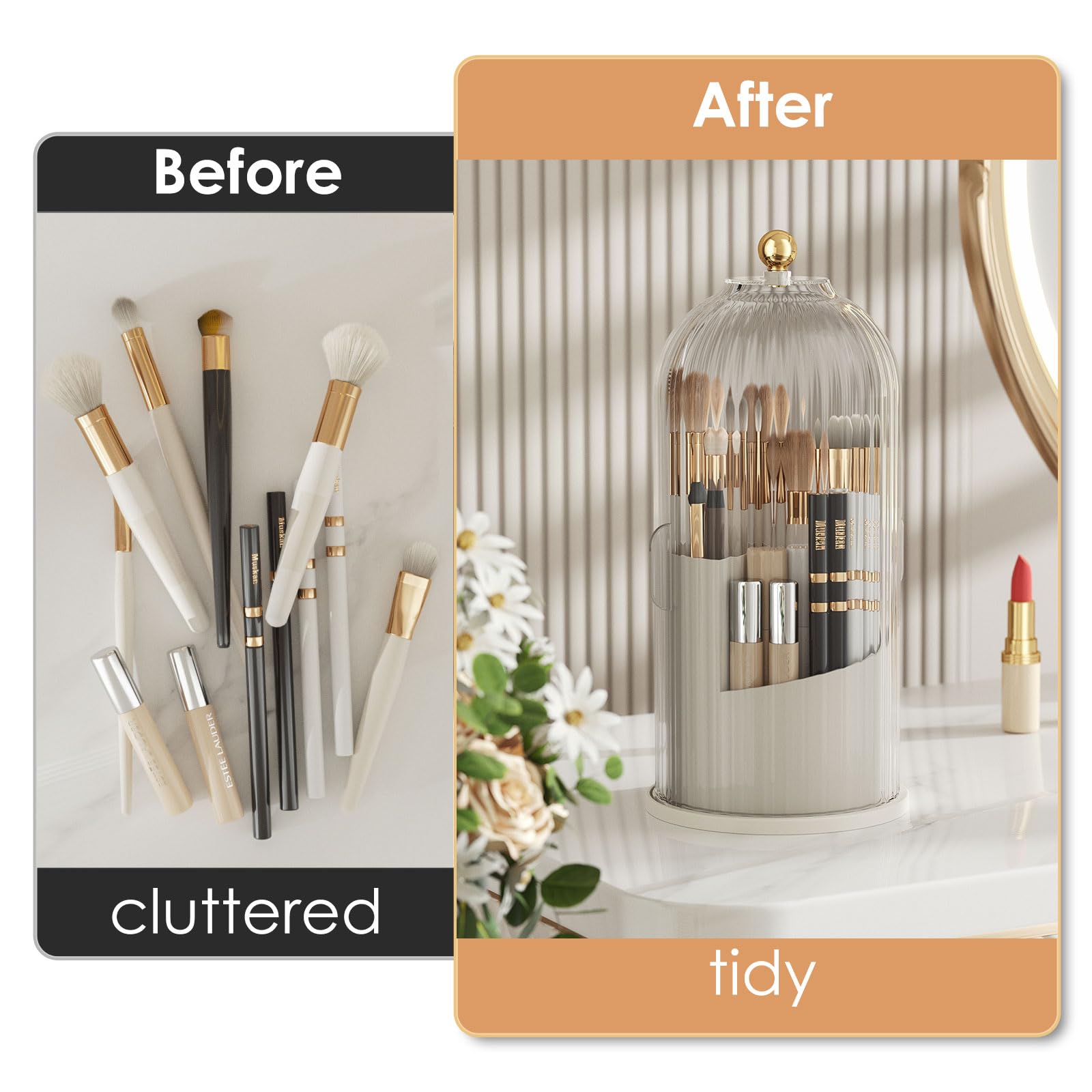 YOOLENS three-section design separates short and tall brushes for tidy storage.