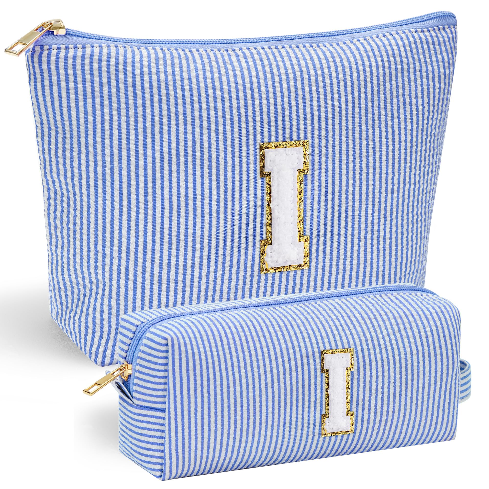 YOOLIFE blue makeup bag front shows chenille initial for personalized style.