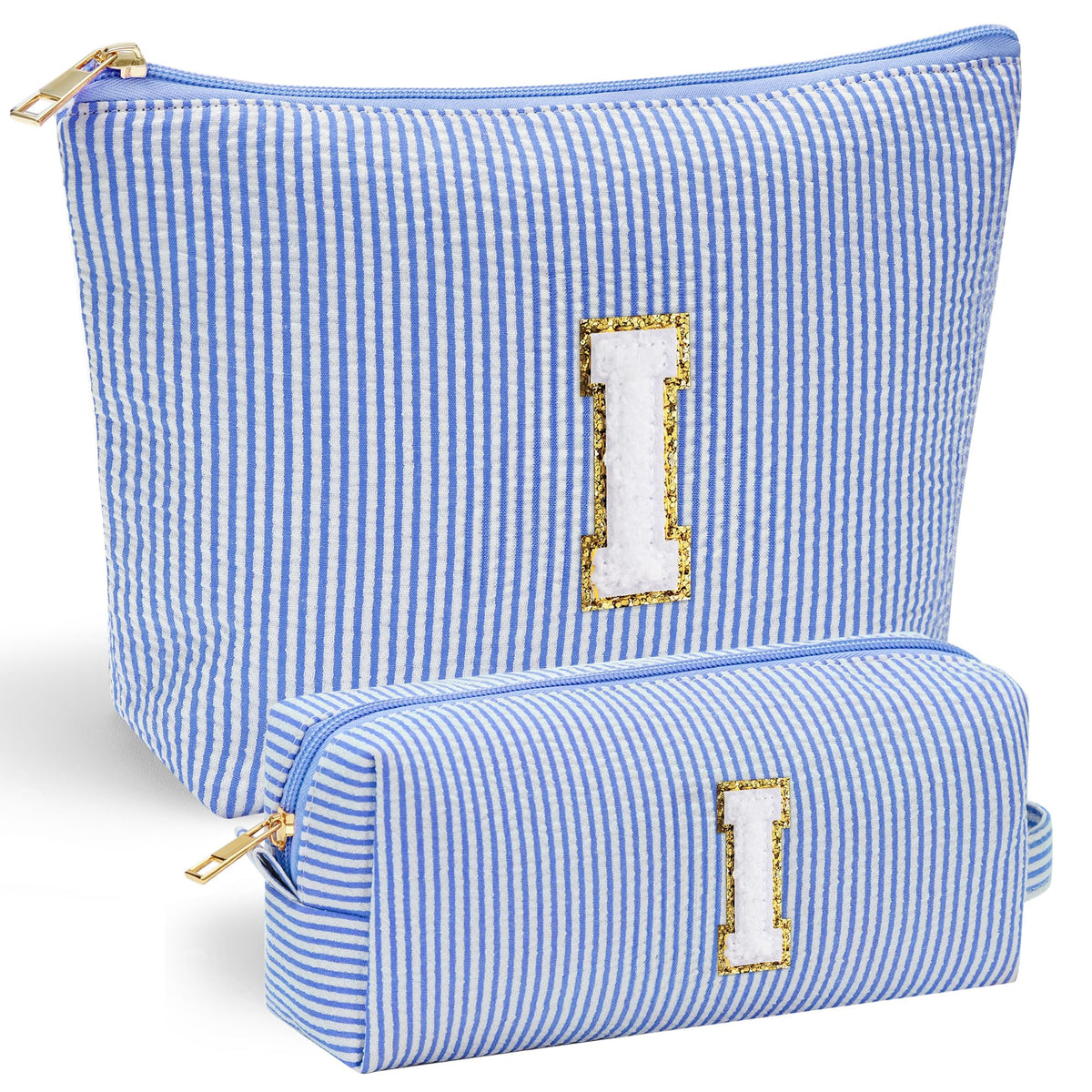 YOOLIFE blue makeup bag front shows chenille initial for personalized style.