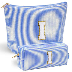 YOOLIFE blue makeup bag front shows chenille initial for personalized style.