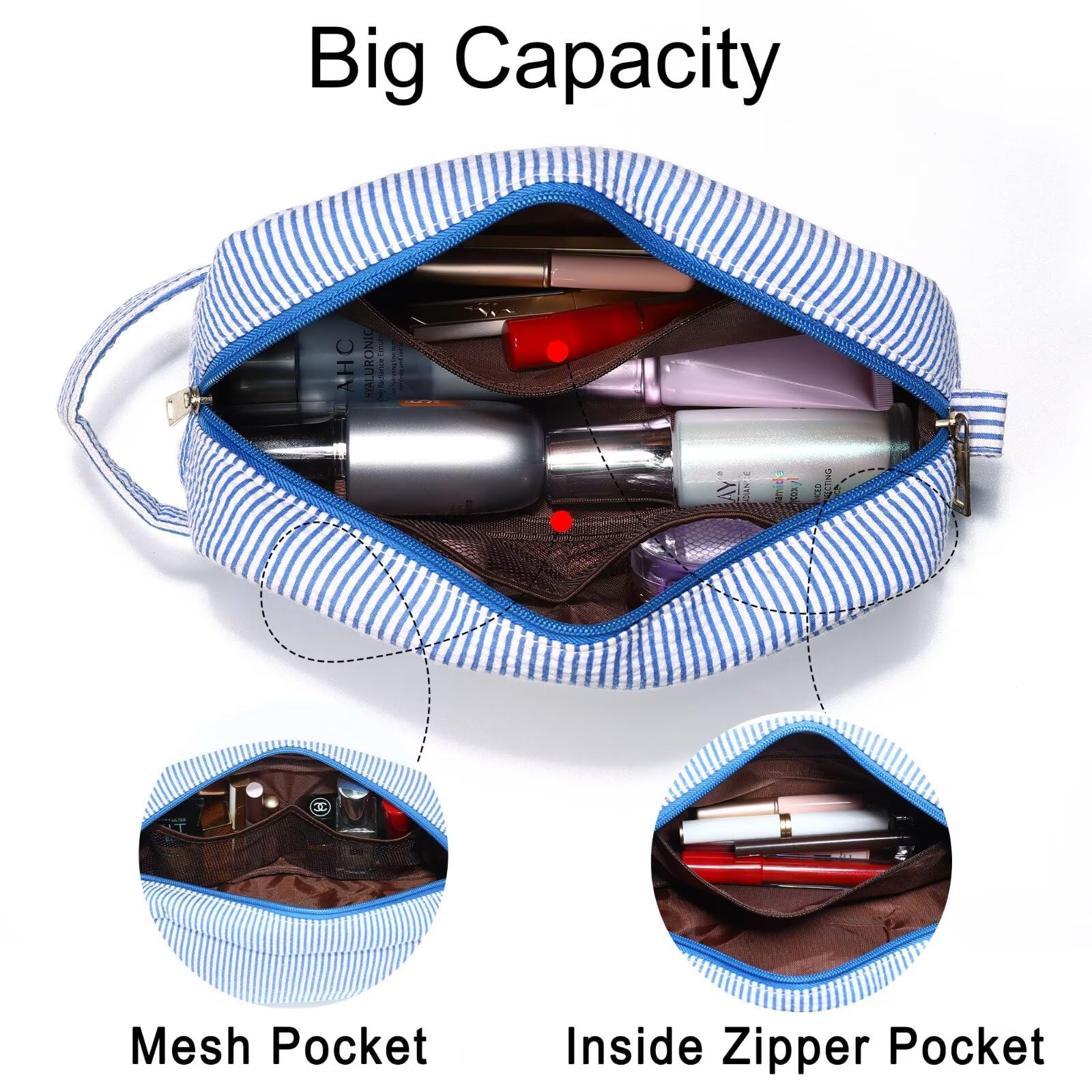 YOOLIFE compact makeup pouch blue travel-friendly size in luggage
