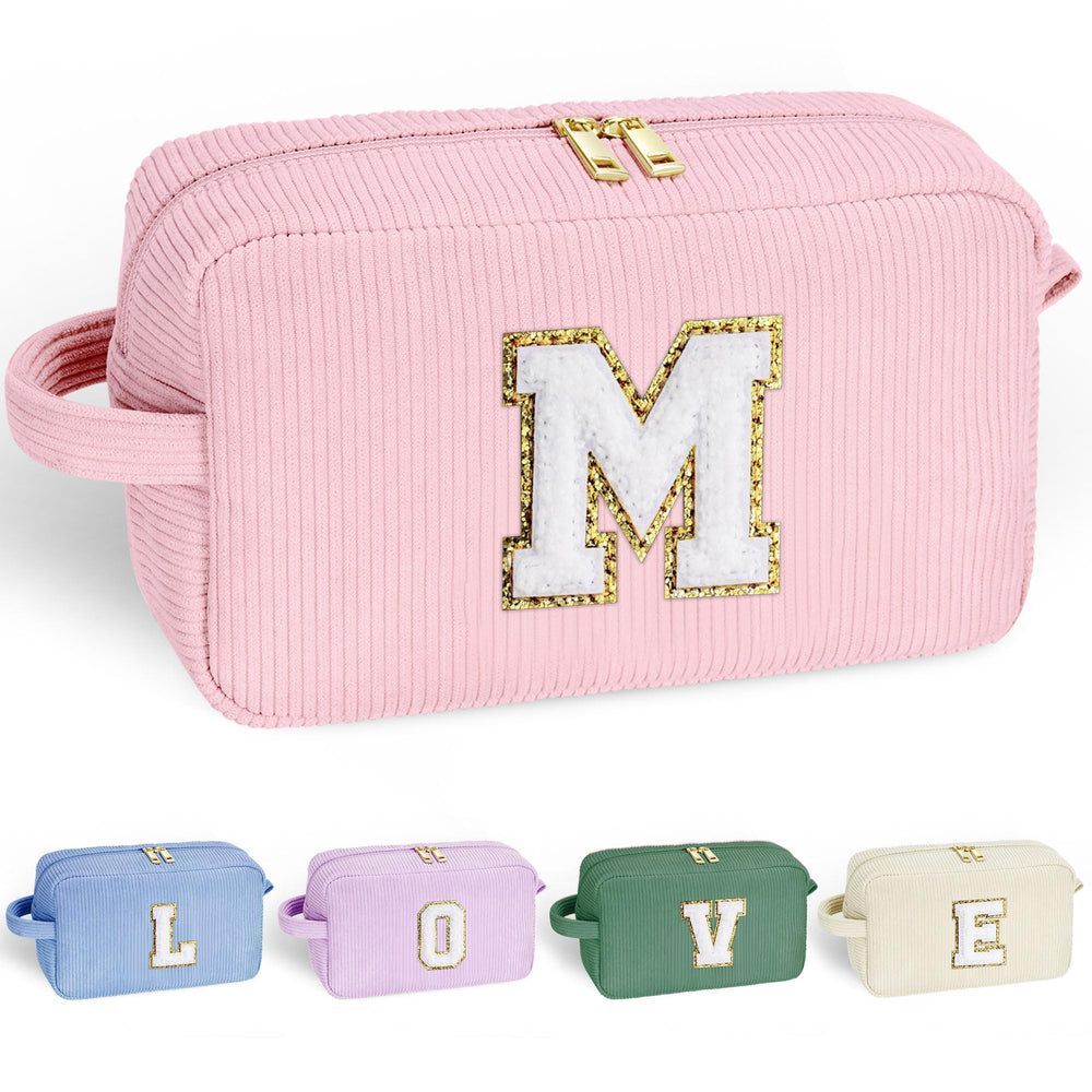YOOLIFE corduroy initial travel makeup bag keeps cosmetics organized on the go.