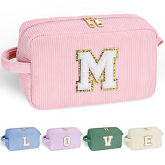 YOOLIFE corduroy initial travel makeup bag keeps cosmetics organized on the go.