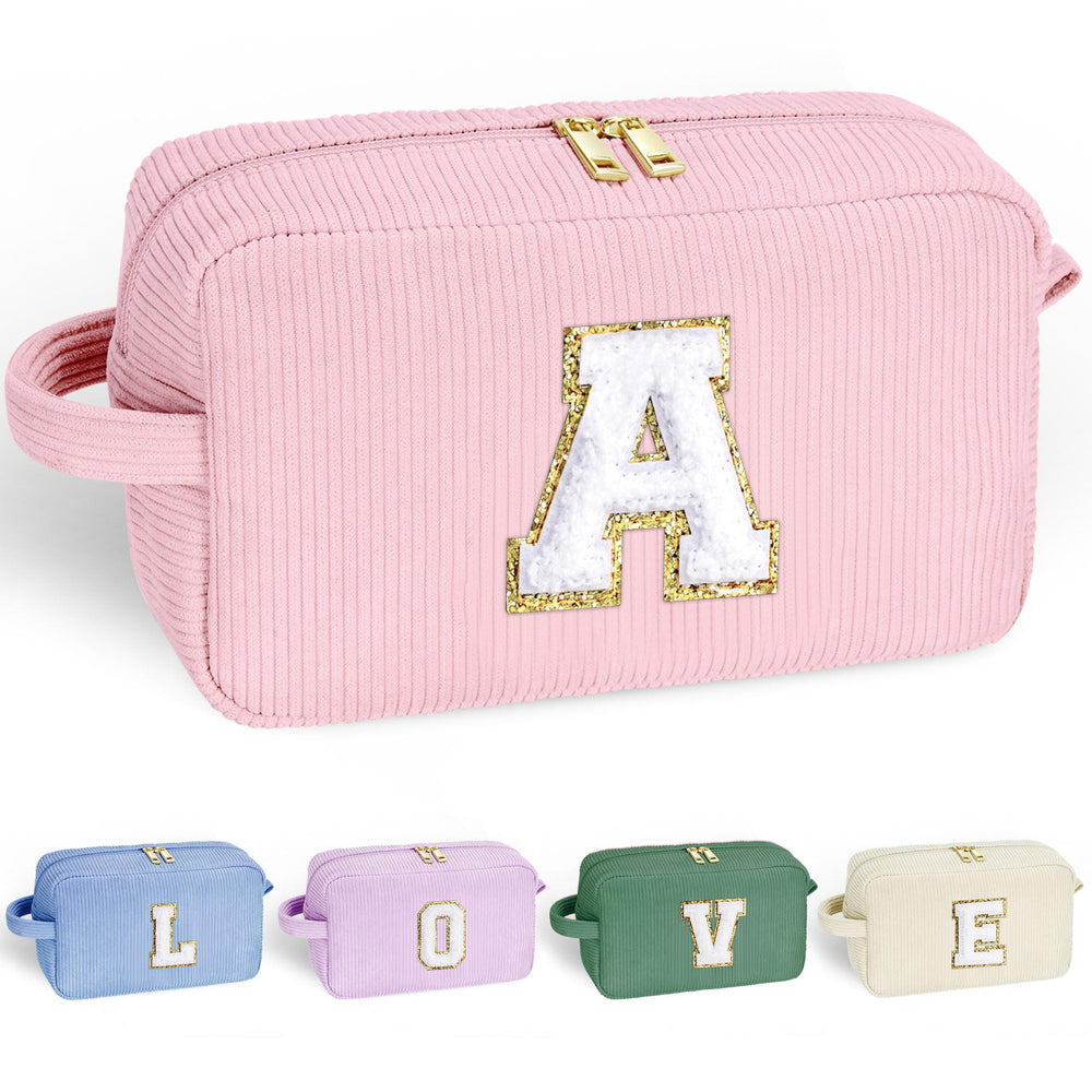 YOOLIFE corduroy makeup bag in pink with initial A for organized daily cosmetics.