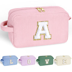 YOOLIFE corduroy makeup bag in pink with initial A for organized daily cosmetics.