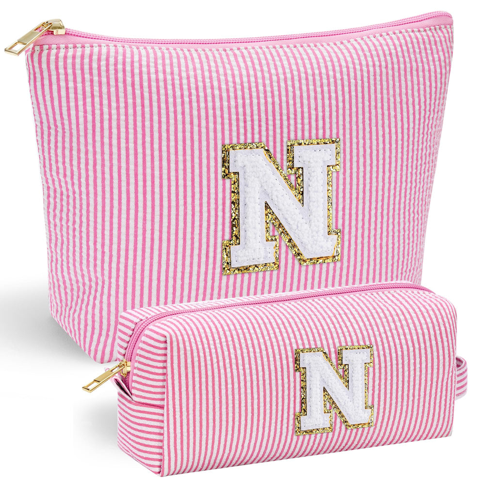 YOOLIFE cute makeup bag pink front shows chenille initial design for personalized style and gift-worthy appeal.