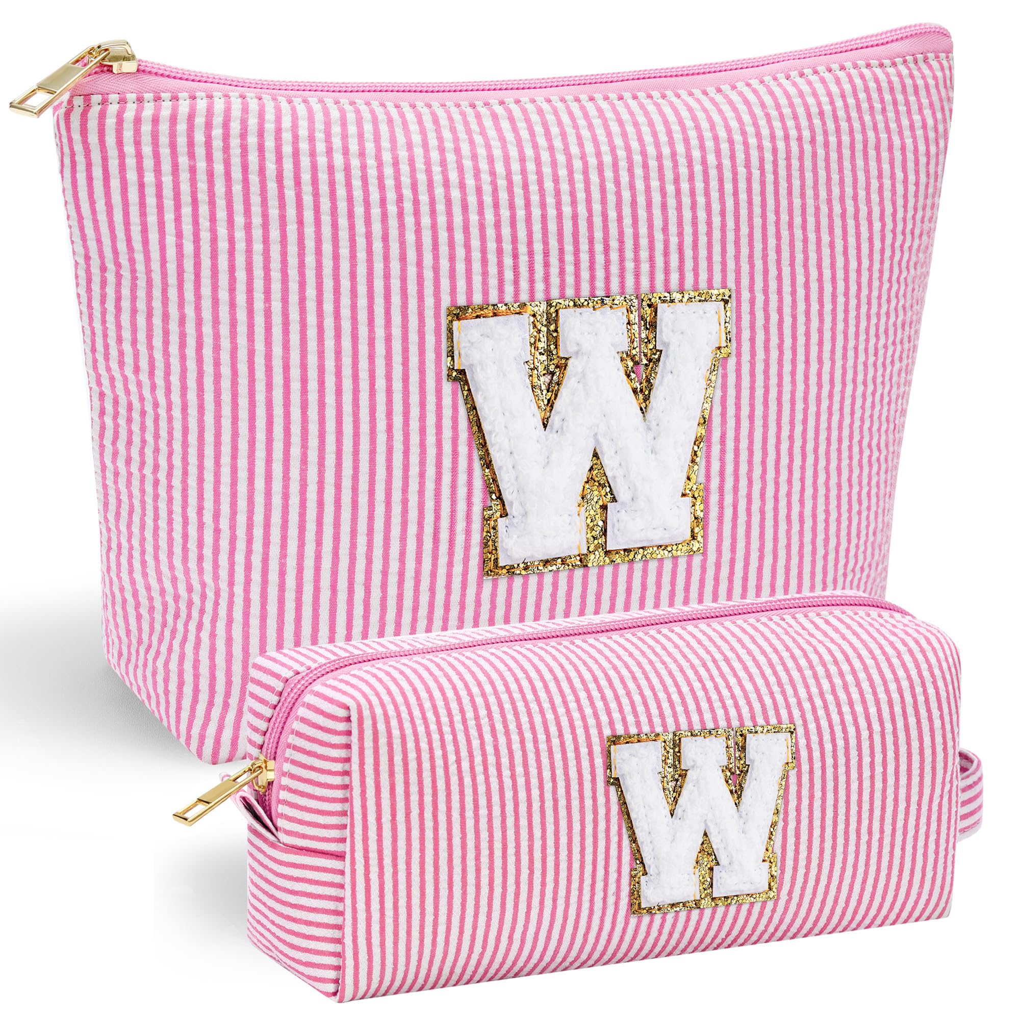YOOLIFE cute pink initial makeup bag front view with stitched chenille letter for personalized style