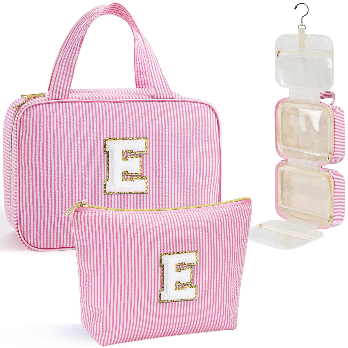 YOOLIFE hanging initial toiletry bag pink with 360° swivel hook for easy travel access.