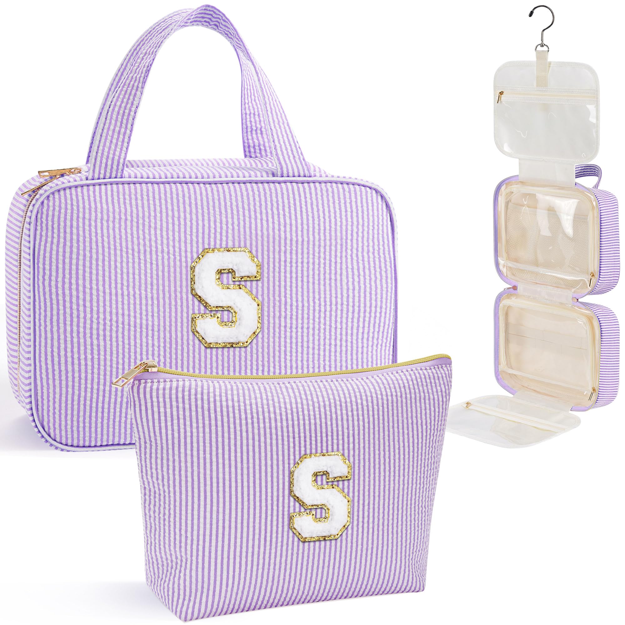 YOOLIFE hanging toiletry bag purple front view shows roomy space for toiletries.