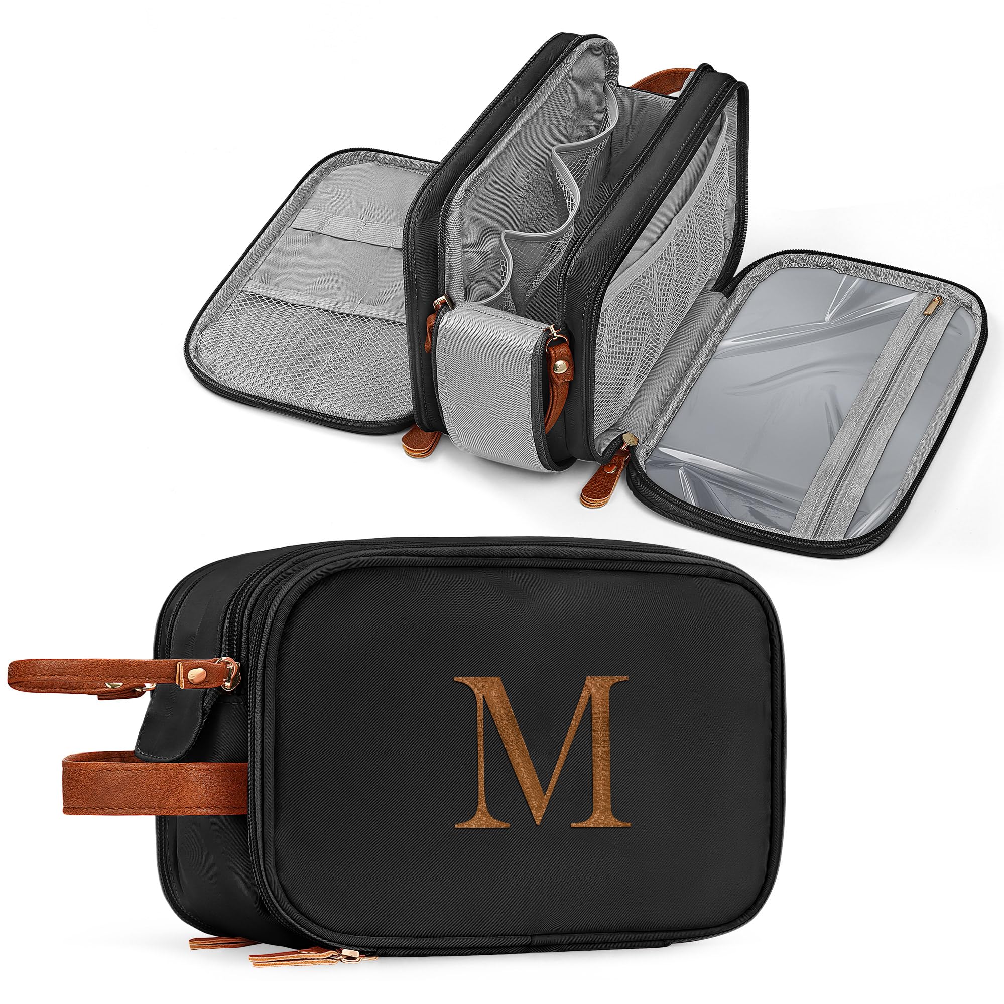 YOOLIFE Initial Black Toiletry Bag open showing large main compartment for travel essentials