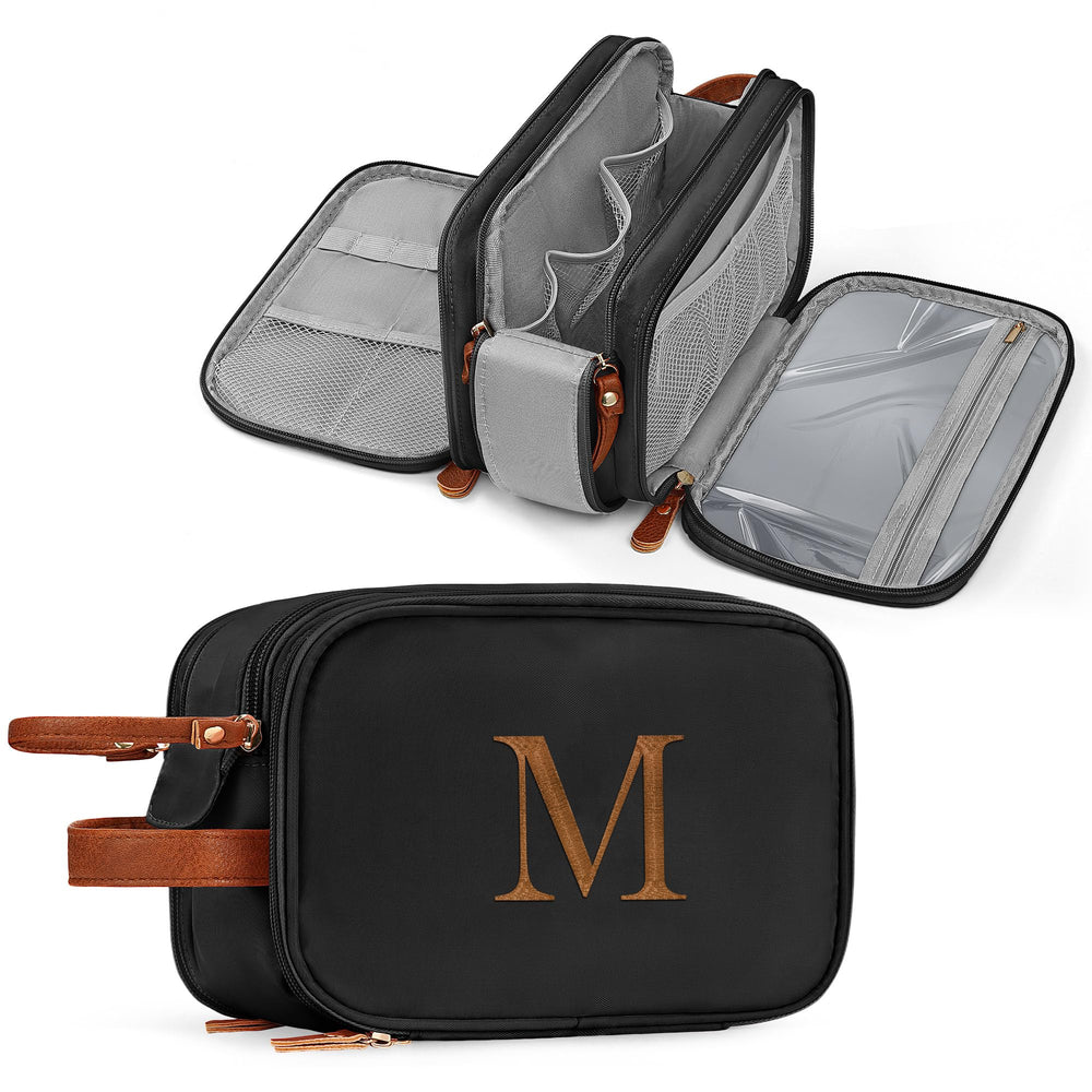 YOOLIFE Initial Black Toiletry Bag open showing large main compartment for travel essentials