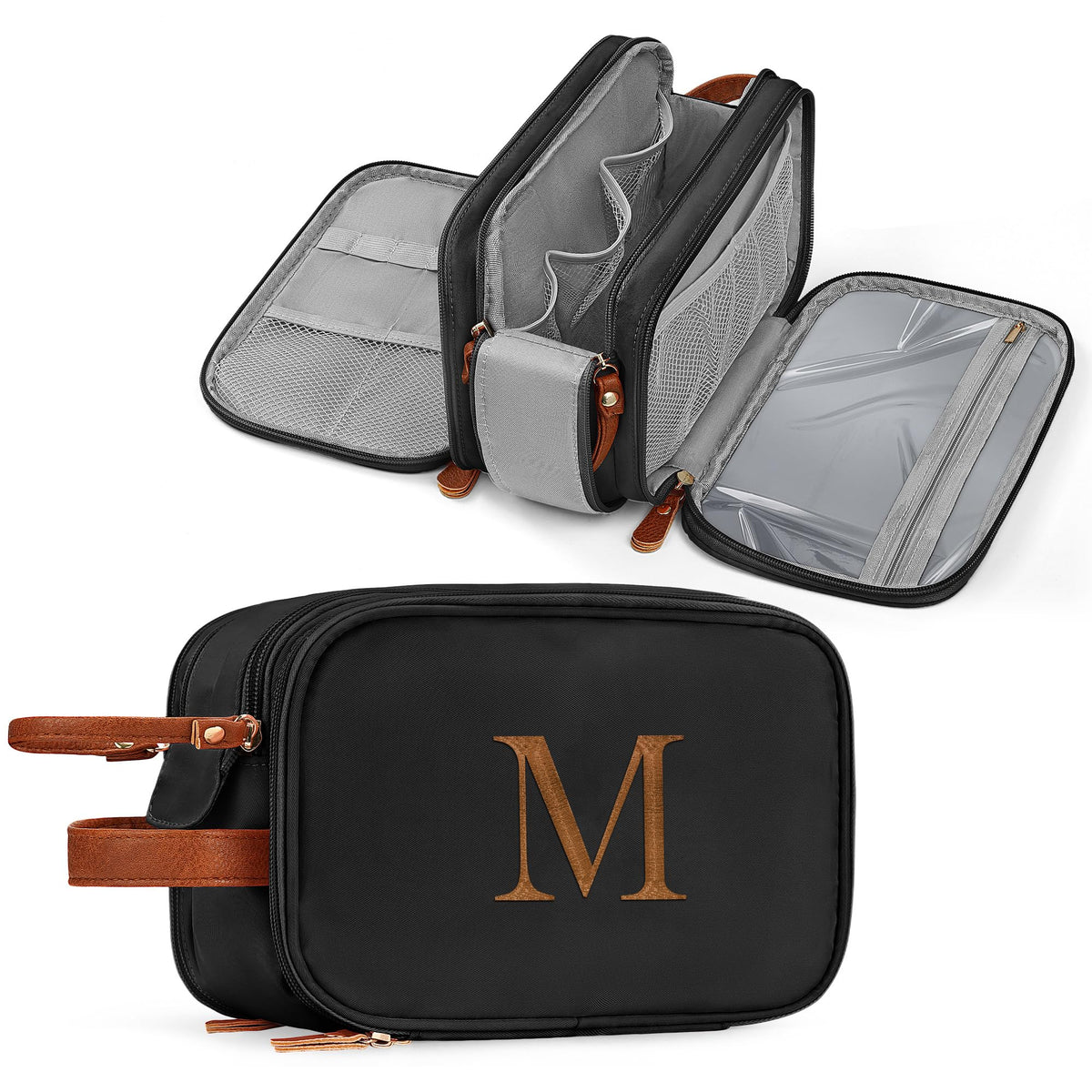 YOOLIFE Initial Black Toiletry Bag open showing large main compartment for travel essentials