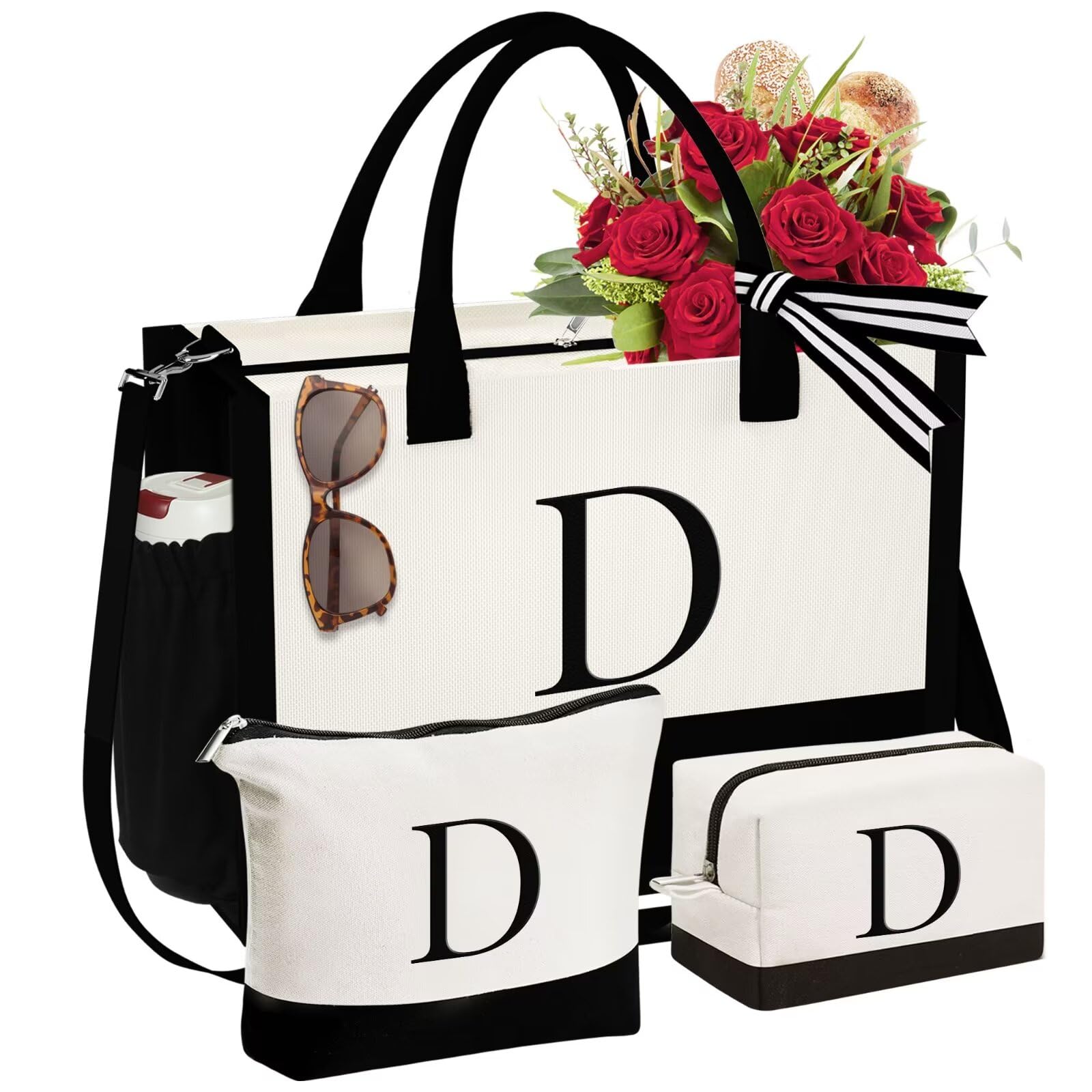 YOOLIFE initial canvas tote bag D front view shows durable embroidery for everyday use