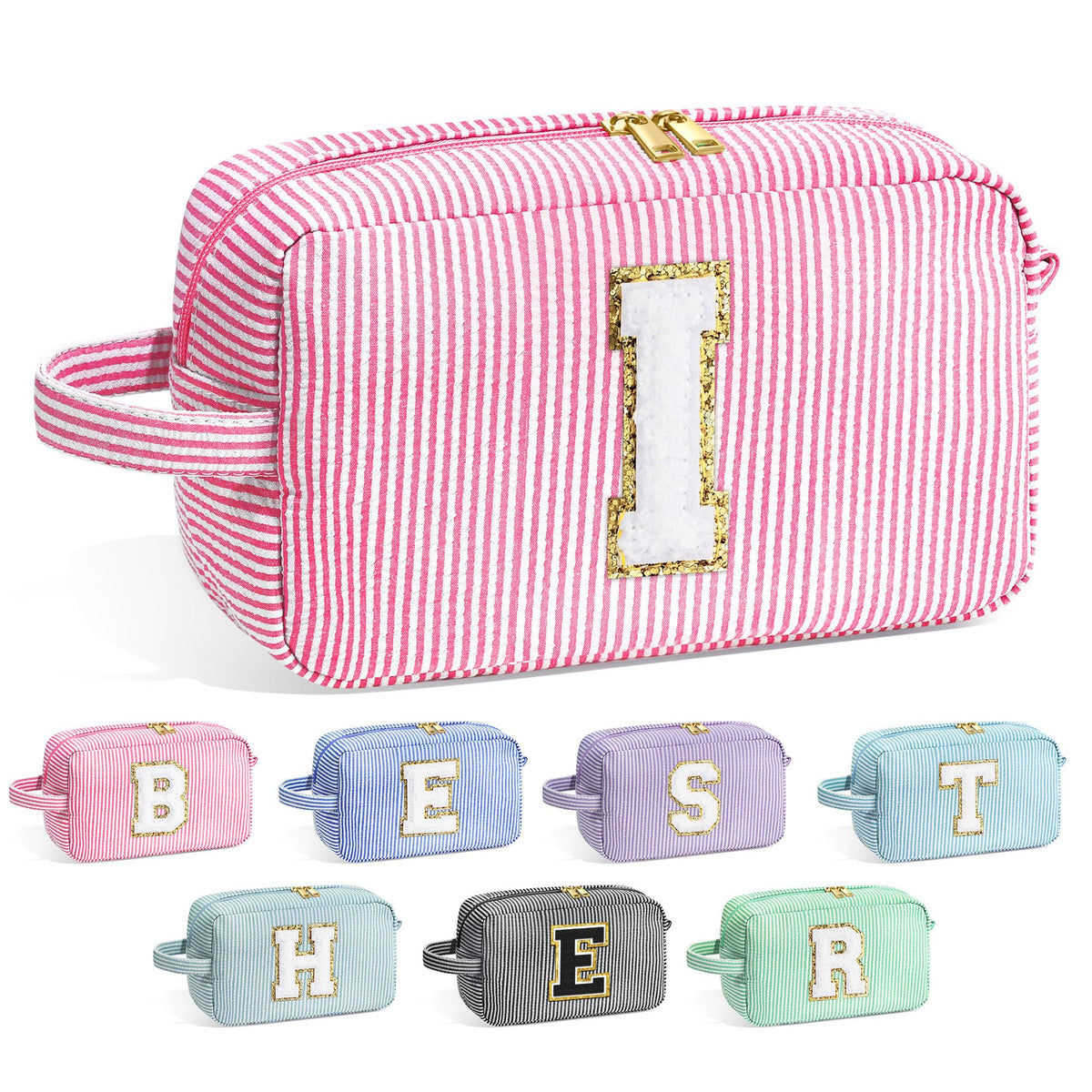 YOOLIFE initial cosmetic bag front chenille letter for personalized makeup organization.
