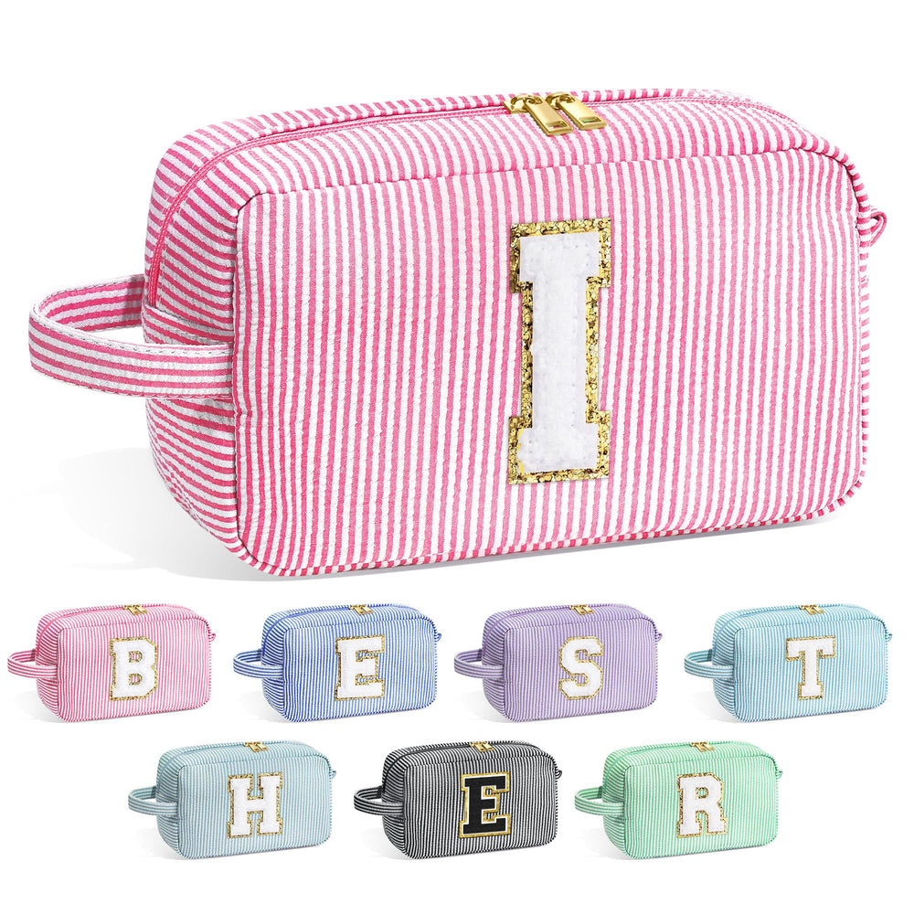 YOOLIFE initial cosmetic bag pink front view for compact makeup storage.