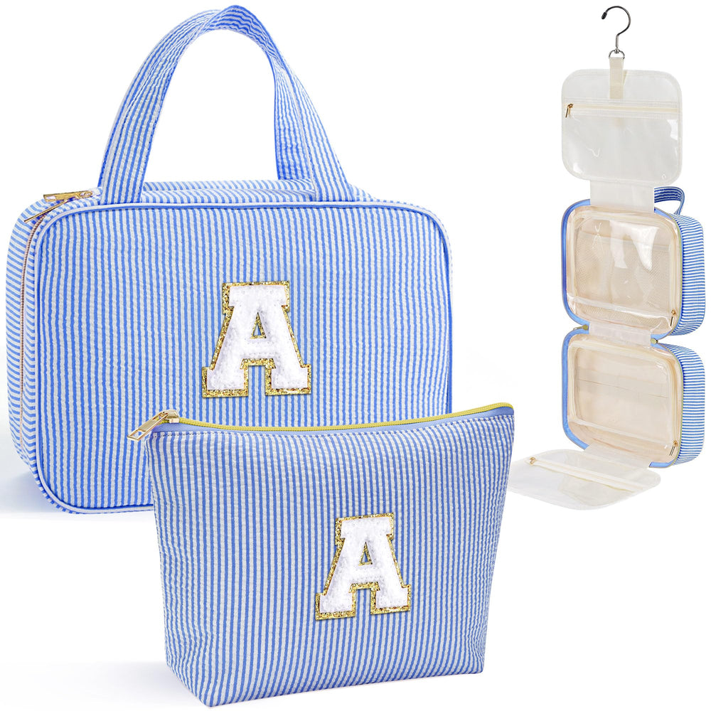 YOOLIFE initial hanging toiletry bag in blue with A personalization, ideal for organized travel.
