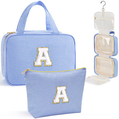 YOOLIFE initial hanging toiletry bag in blue with A personalization, ideal for organized travel.