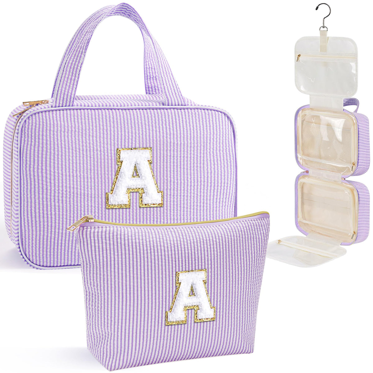 YOOLIFE initial hanging toiletry bag in purple front view, ideal for organized travel storage