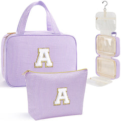 YOOLIFE initial hanging toiletry bag in purple front view, ideal for organized travel storage