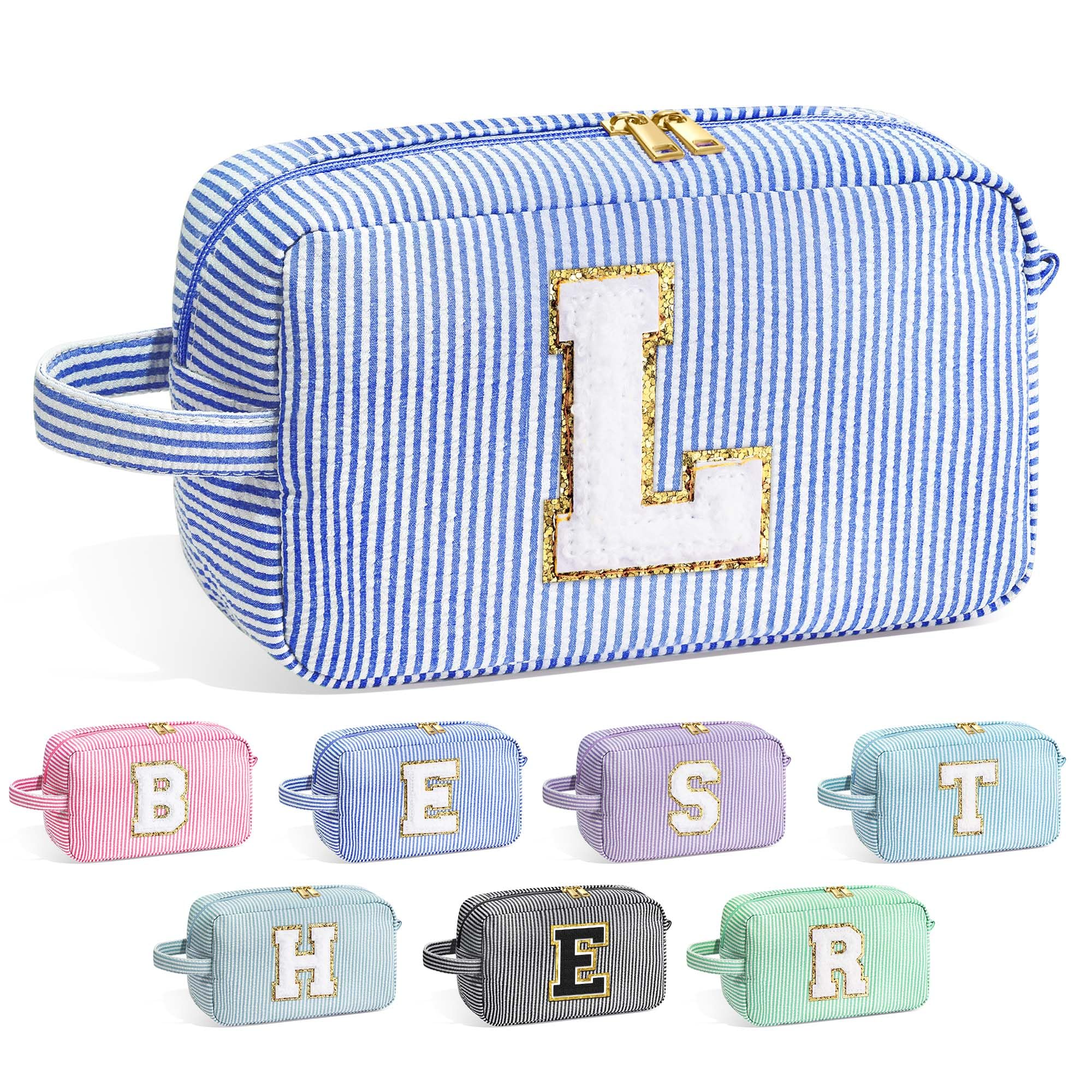 YOOLIFE initial makeup bag blue front chenille monogram texture for organized daily use