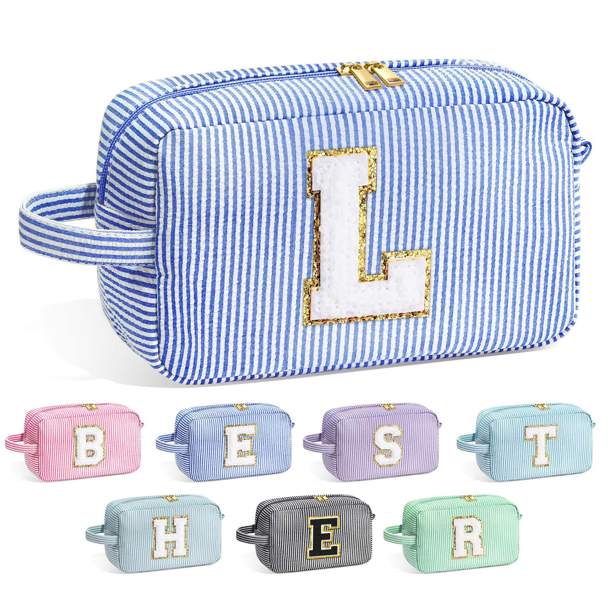 YOOLIFE initial makeup bag blue front chenille monogram texture for organized daily use