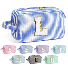 YOOLIFE initial makeup bag blue front chenille monogram texture for organized daily use