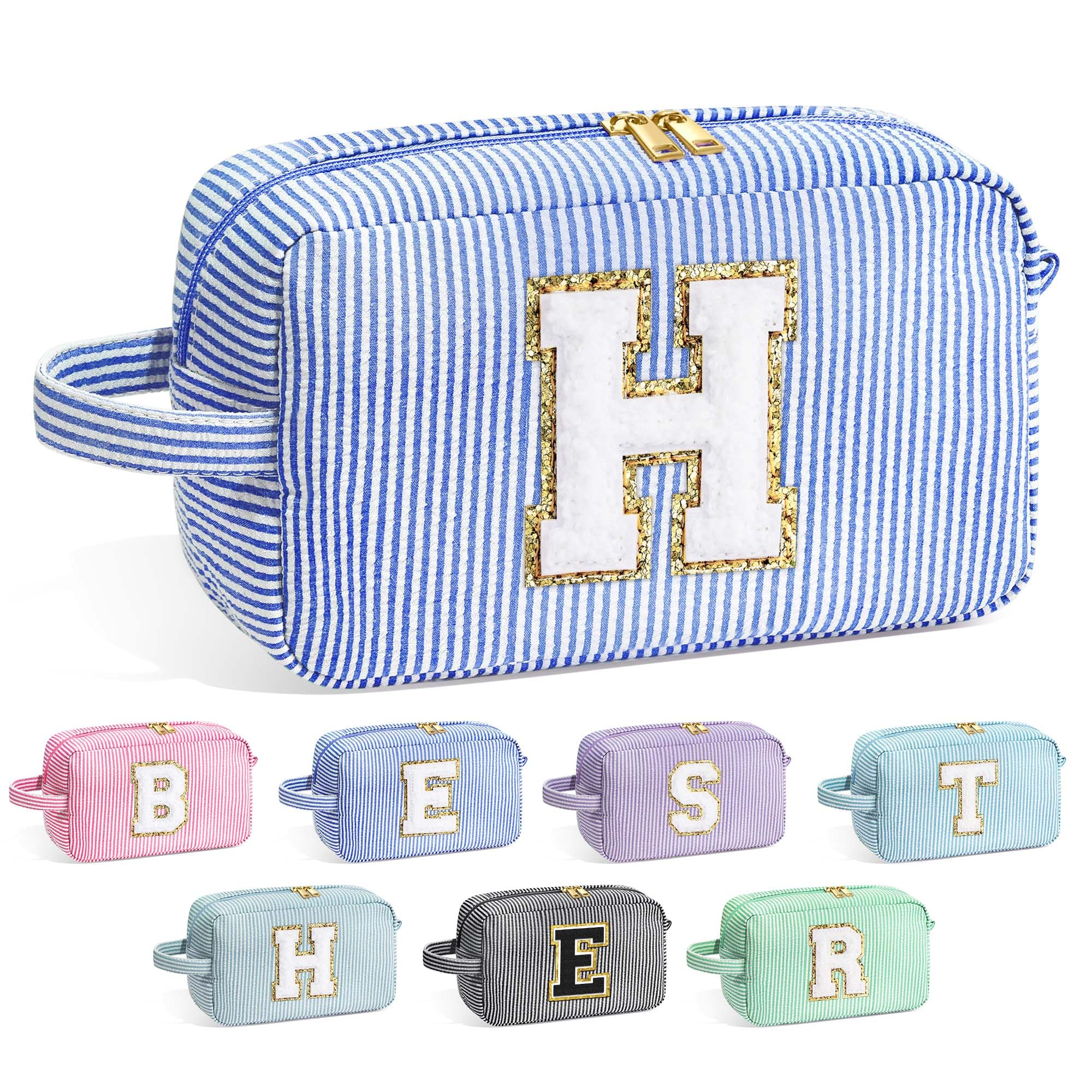 YOOLIFE Initial Makeup Bag blue front view showing compact, travel-friendly design for daily cosmetics
