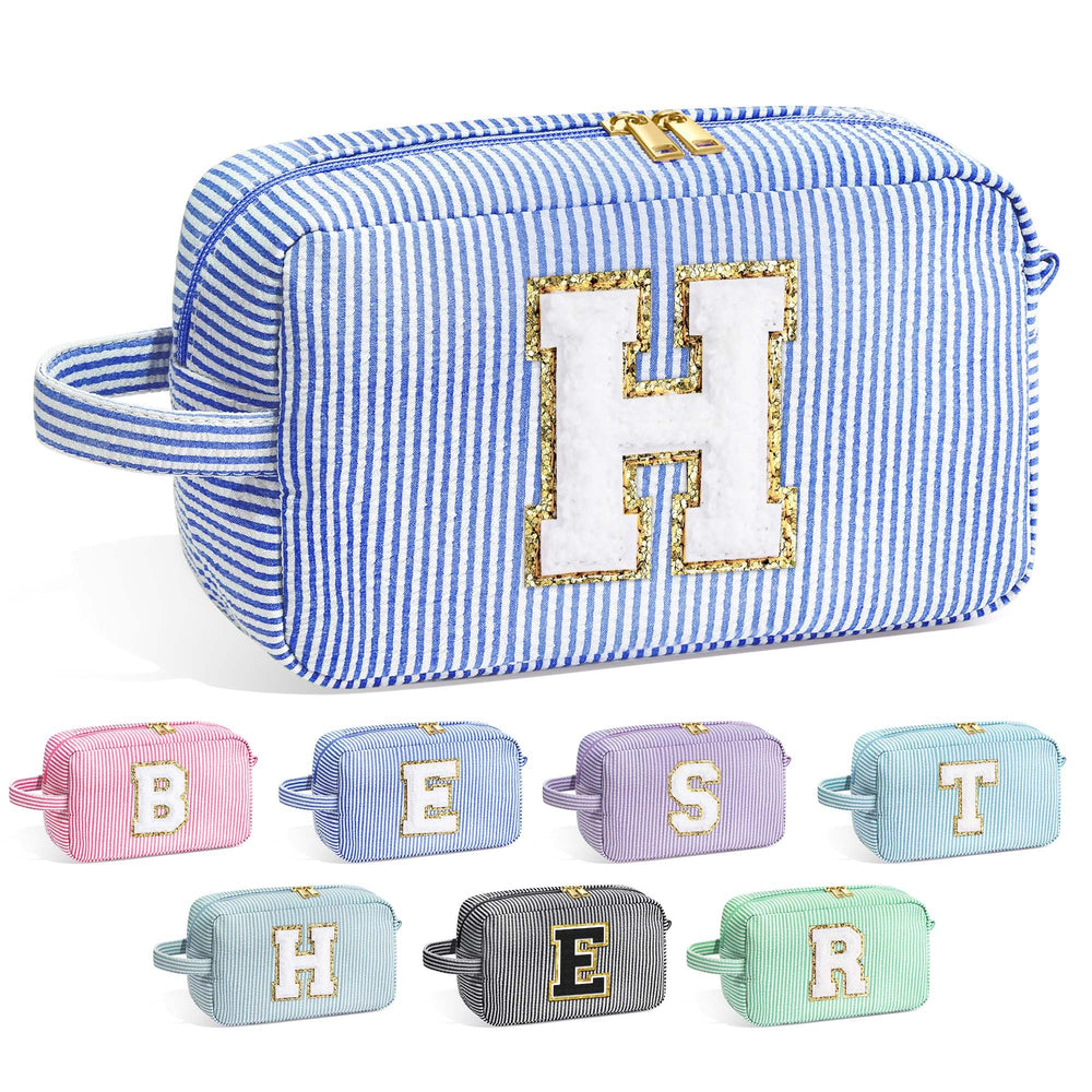 YOOLIFE Initial Makeup Bag blue front view showing compact, travel-friendly design for daily cosmetics
