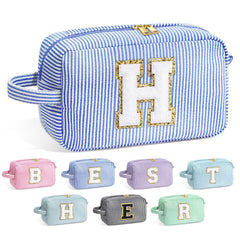 YOOLIFE Initial Makeup Bag blue front view showing compact, travel-friendly design for daily cosmetics