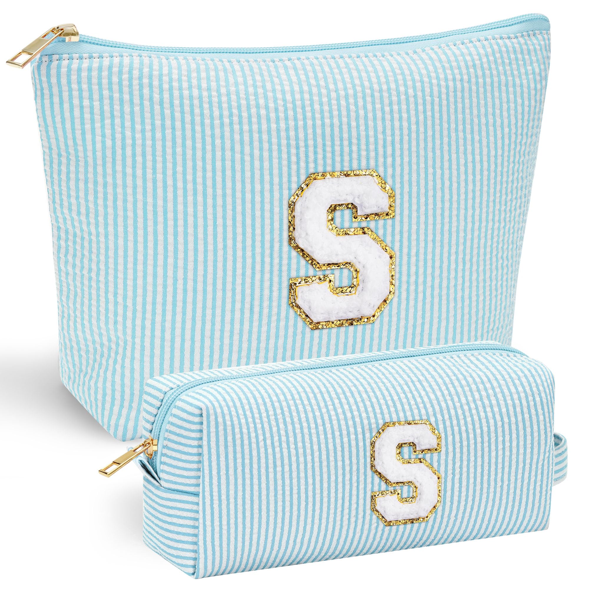 YOOLIFE initial makeup bag chenille front keeps cosmetics organized on the go.