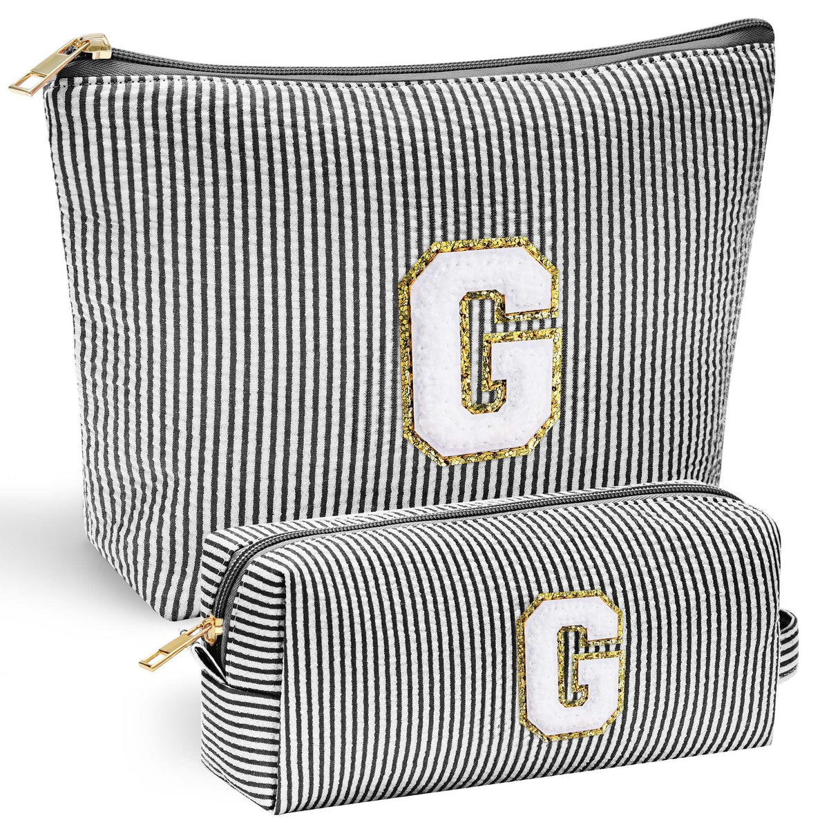 YOOLIFE initial makeup bag front view with chenille letter for organized cosmetics