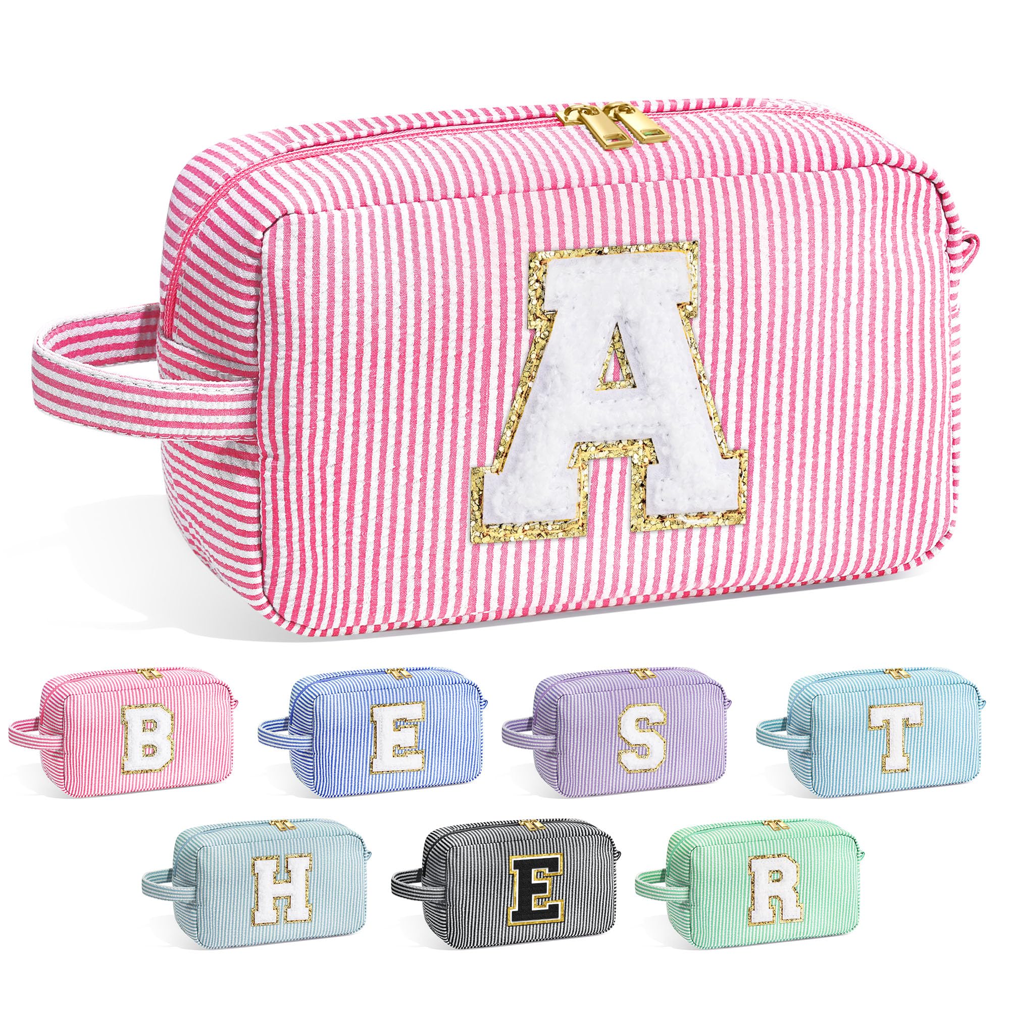 YOOLIFE initial makeup bag front chenille letter for organized cosmetics.