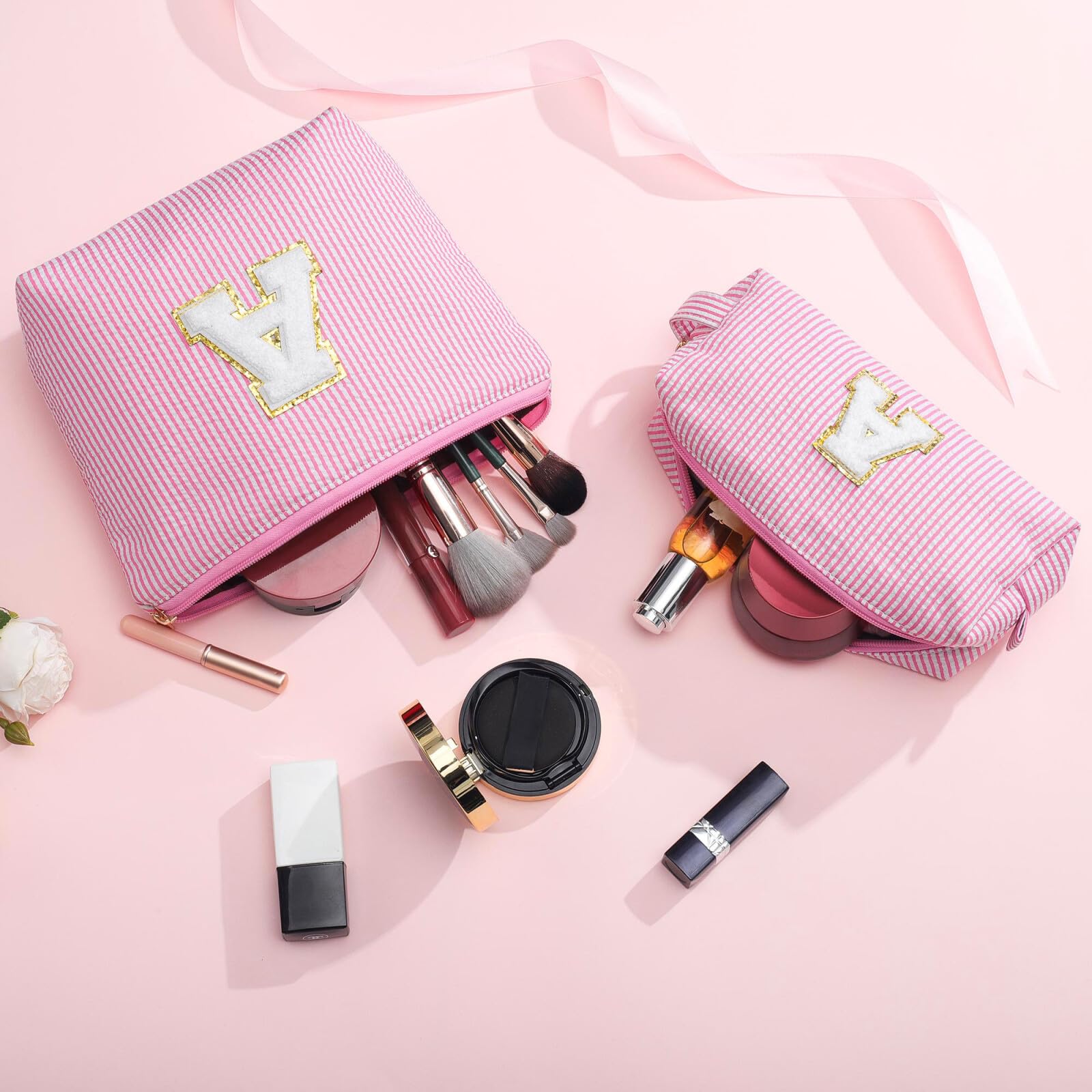 YOOLIFE pink color makeup bag with customizable initials for a stylish gift.