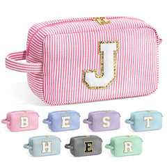 YOOLIFE Initial Makeup Bag pink front view showing monogram for organized cosmetics