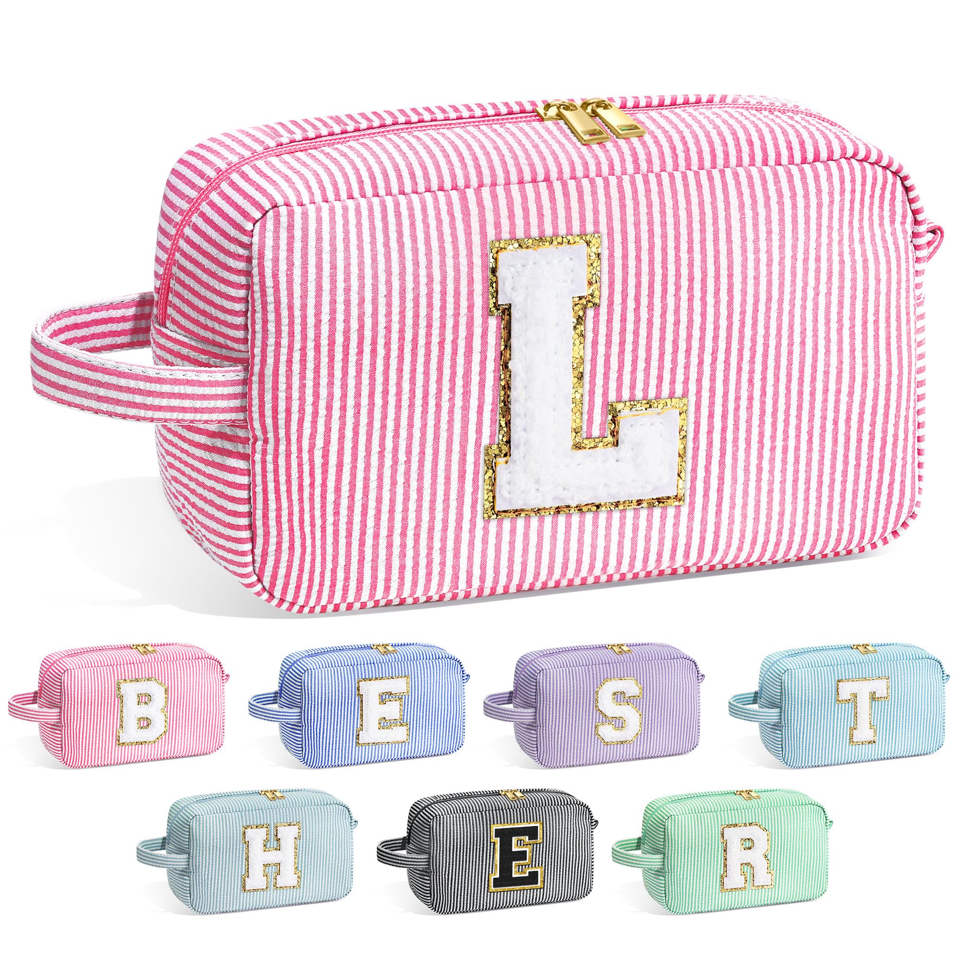 YOOLIFE initial makeup bag pink front view keeps cosmetics organized on the go