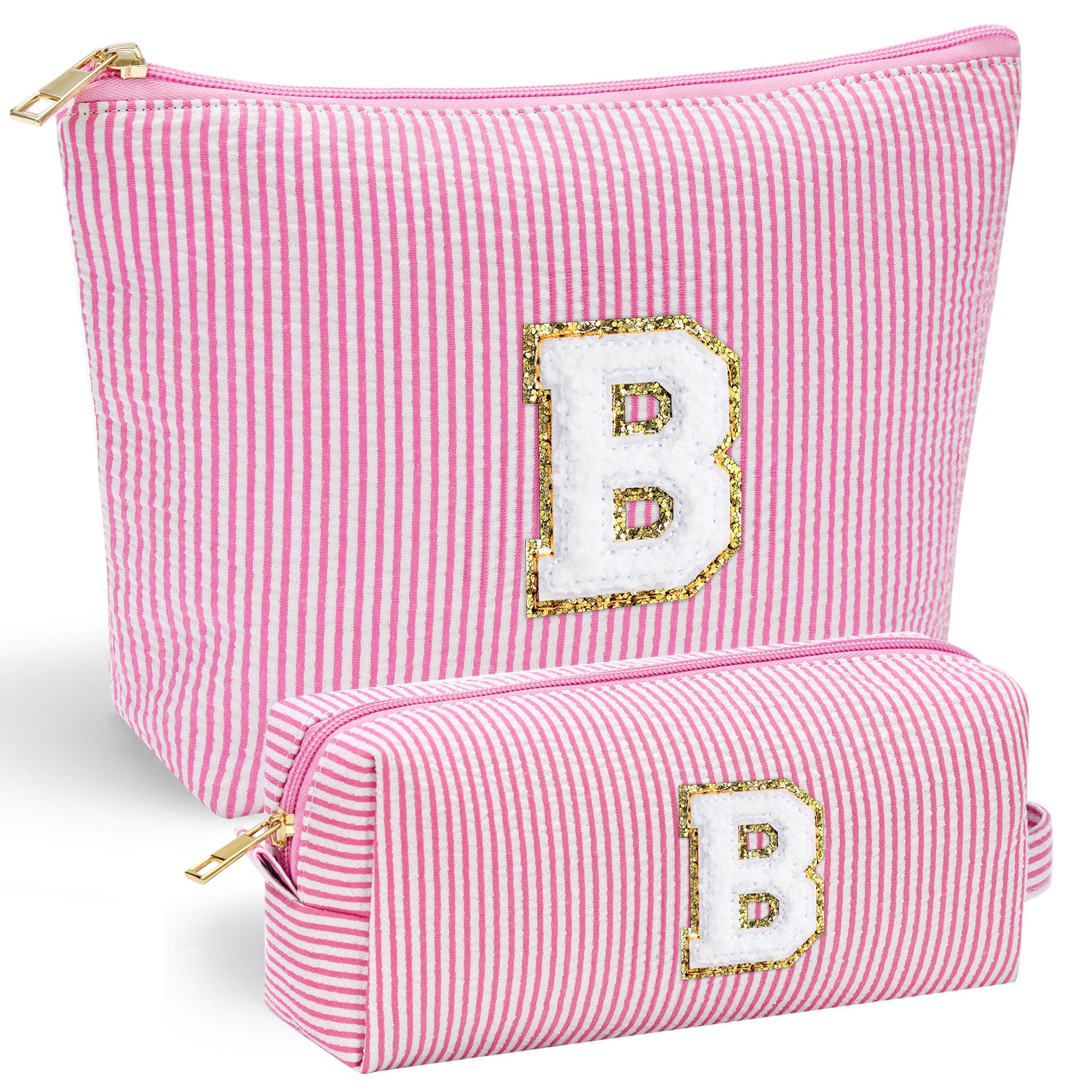 YOOLIFE initial pink makeup bag front view with chenille letter for personalized style and gift appeal