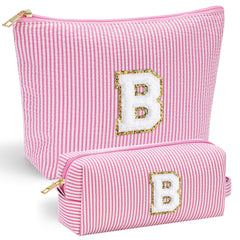YOOLIFE initial pink makeup bag front view with chenille letter for personalized style and gift appeal