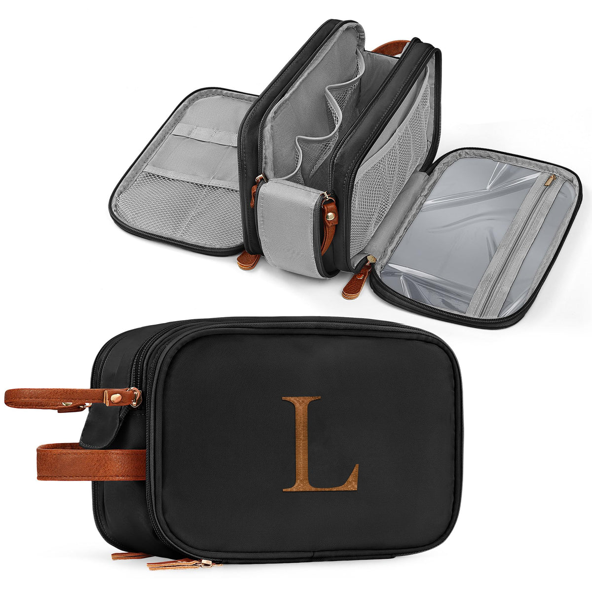 YOOLIFE initial toiletry bag front view shows organized compartments for travel packing.