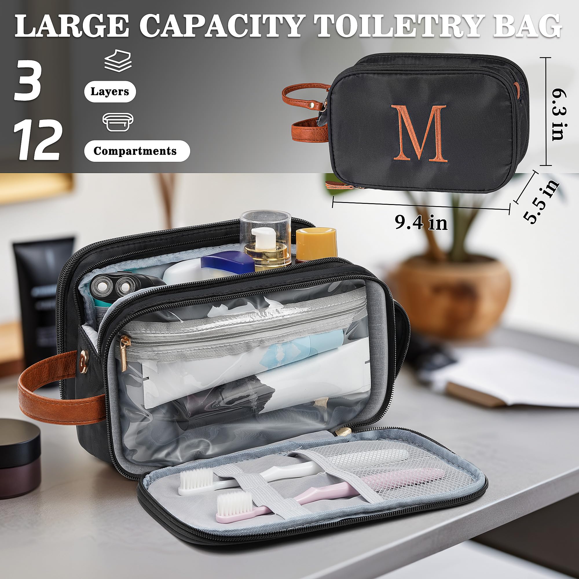 YOOLIFE initial toiletry bag black side view highlights water-resistant exterior for everyday travel.