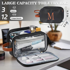 YOOLIFE initial toiletry bag black side view highlights water-resistant exterior for everyday travel.