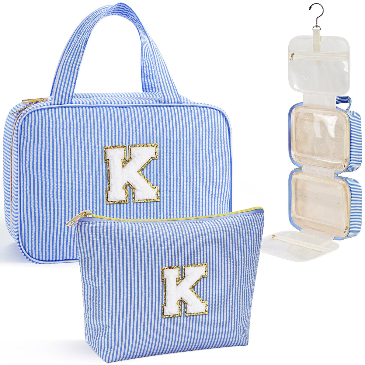 YOOLIFE Initial Toiletry Bag blue hanging view highlighting easy-access organization