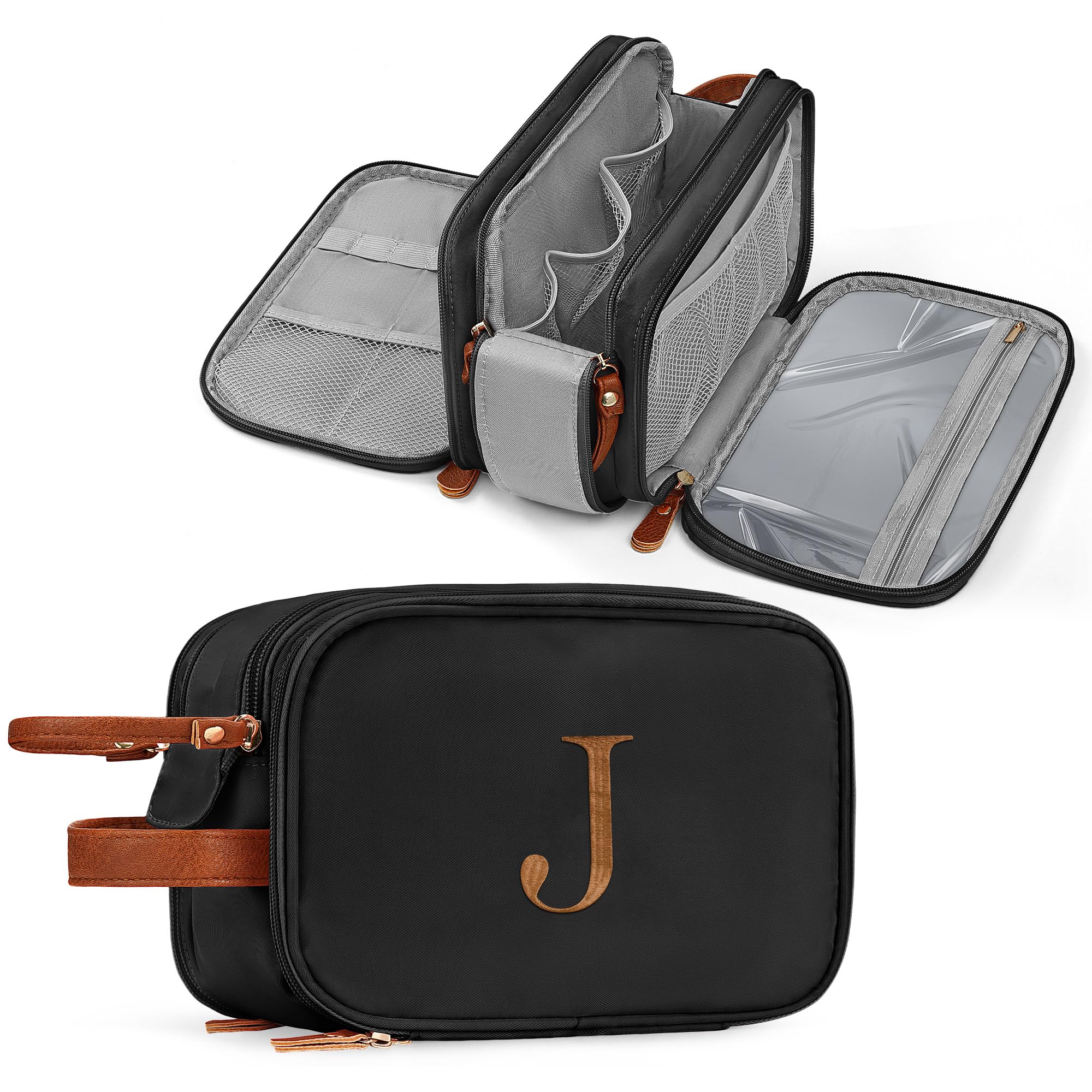 YOOLIFE initial toiletry bag front view with water-resistant shell for travel