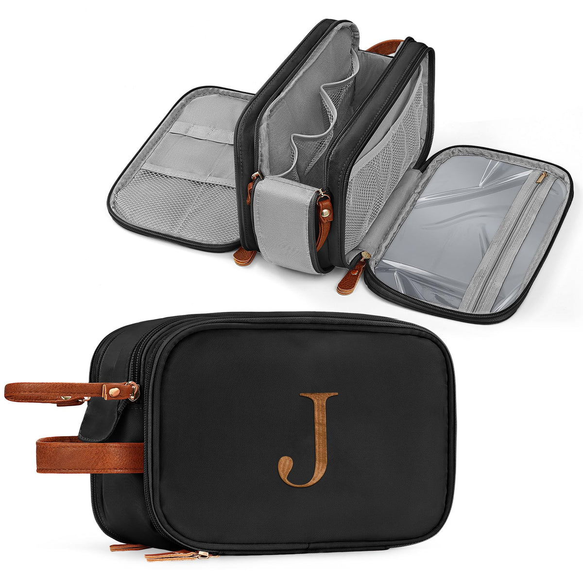 YOOLIFE initial toiletry bag front view with water-resistant shell for travel