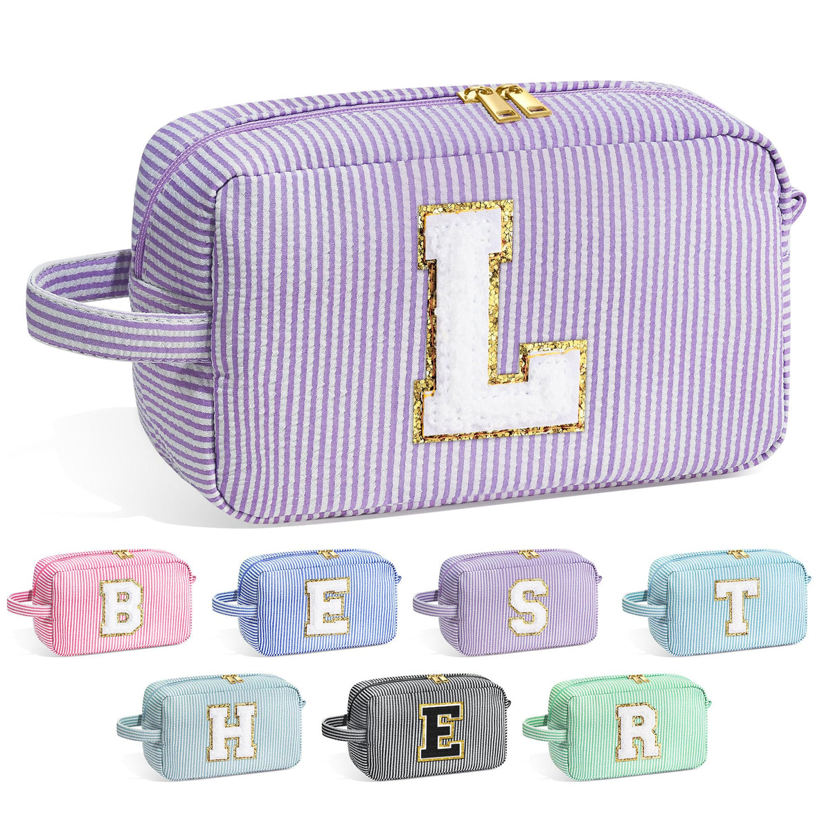 YOOLIFE makeup bag with purple initial monogram, front view showing personalized detail for travel.