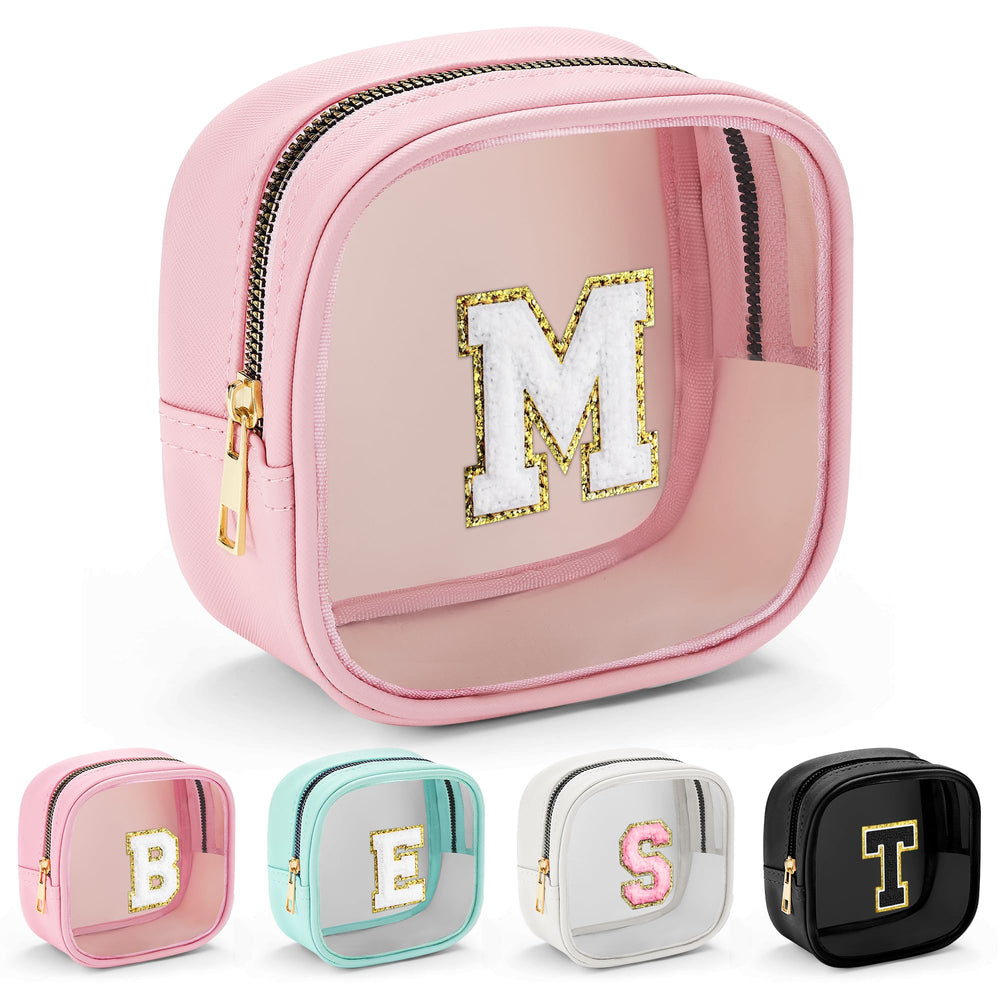 YOOLIFE Mini Initial Makeup Bag pink front view, clear panel for quick visibility of items