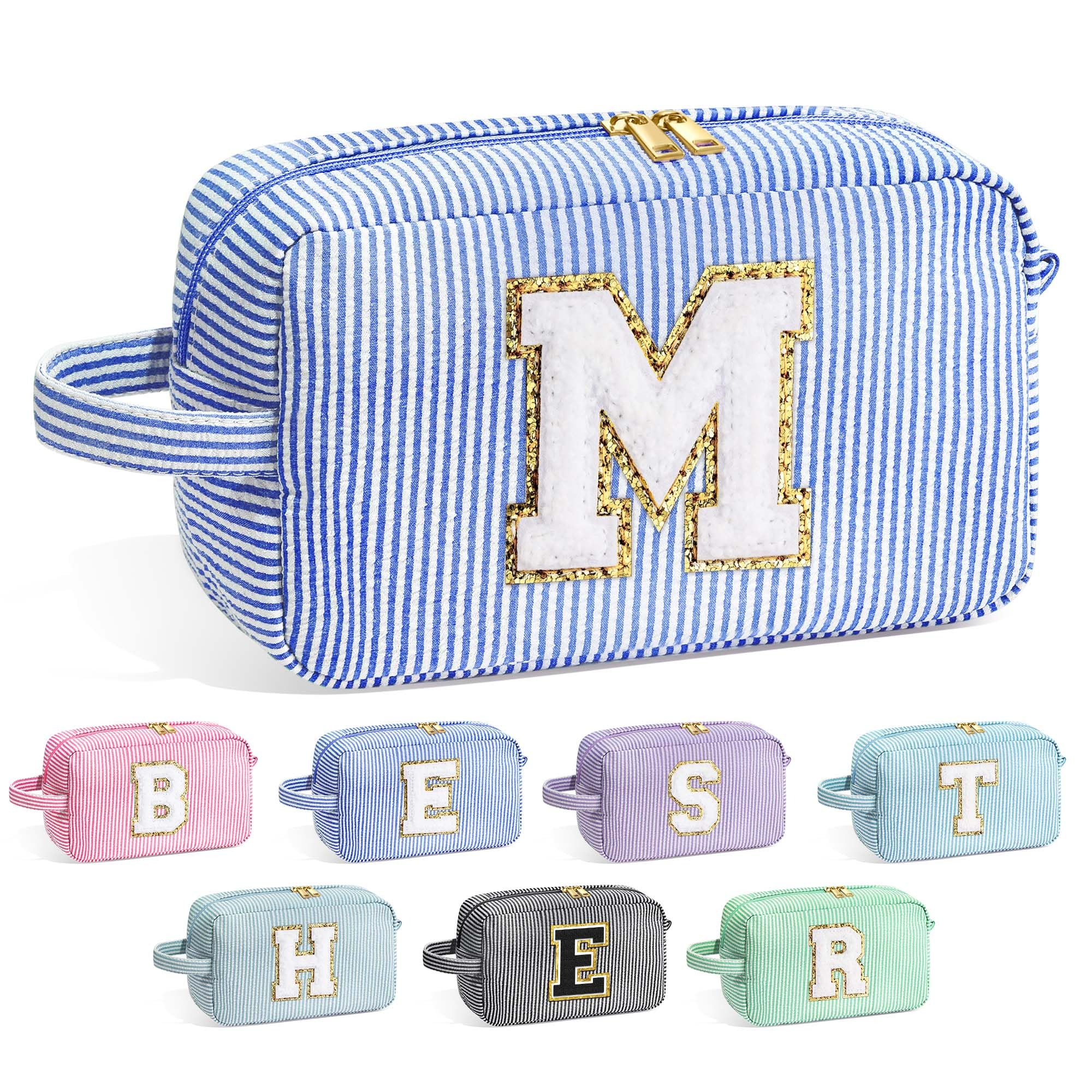 YOOLIFE monogram makeup bag front displays chenille initial for a personalized gift.