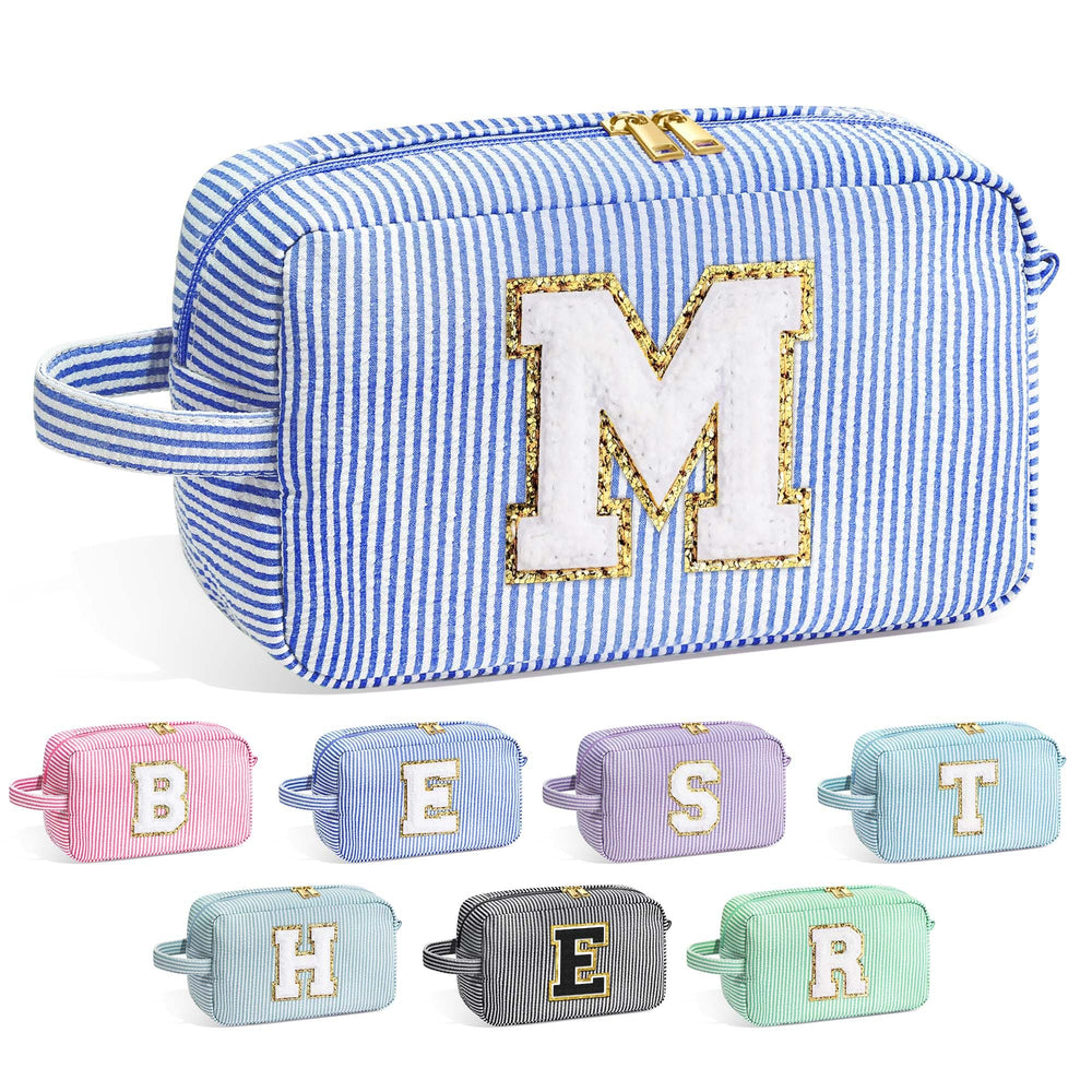 YOOLIFE monogram makeup bag front displays chenille initial for a personalized gift.