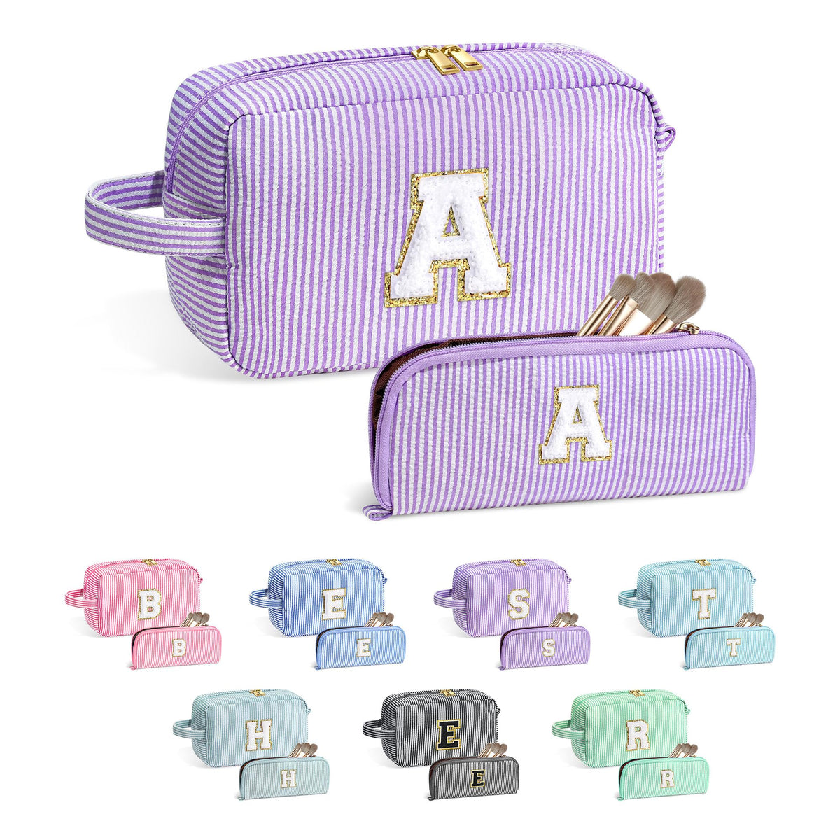 YOOLIFE monogram makeup bag front shows chenille letter detail for secure personalization.