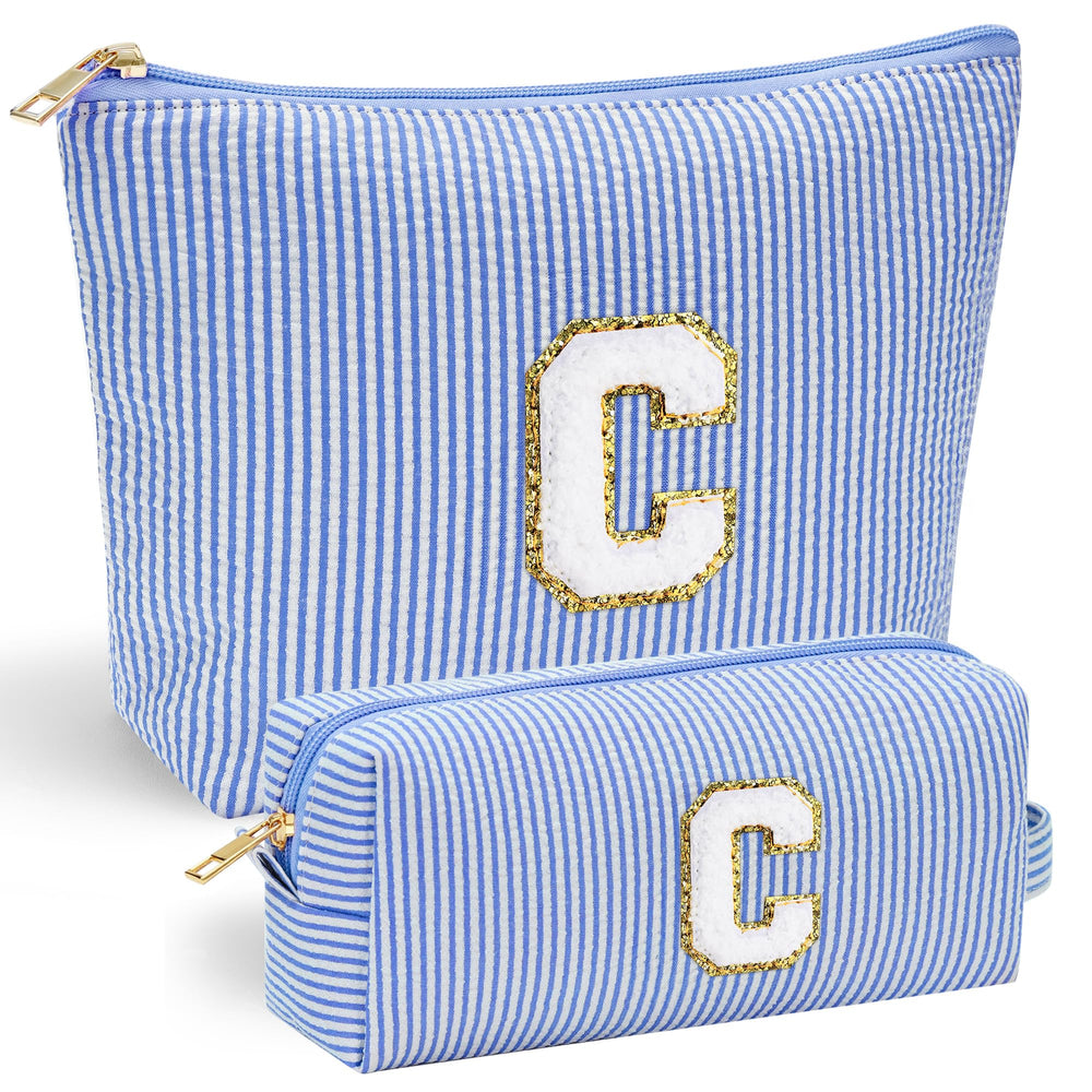 YOOLIFE personalized initial blue makeup bag front view for stylish daily use